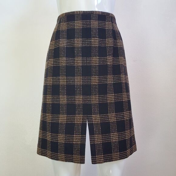 Vintage 90s Ann Taylor Black Tan Plaid Wool Skirt - Picture 1 of 6